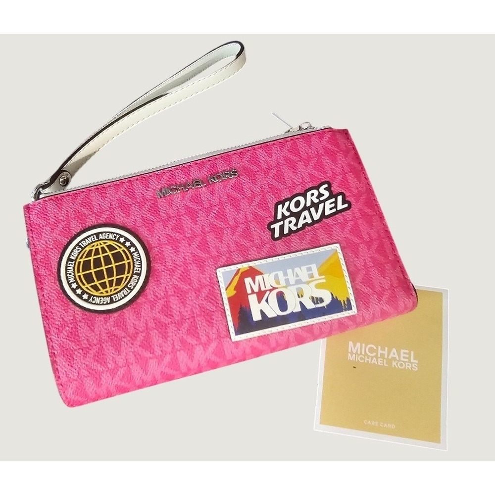 New! Michael Kors Wristlet Dragonfruit Jet Set Travel Patch LG Double Zip #ST04